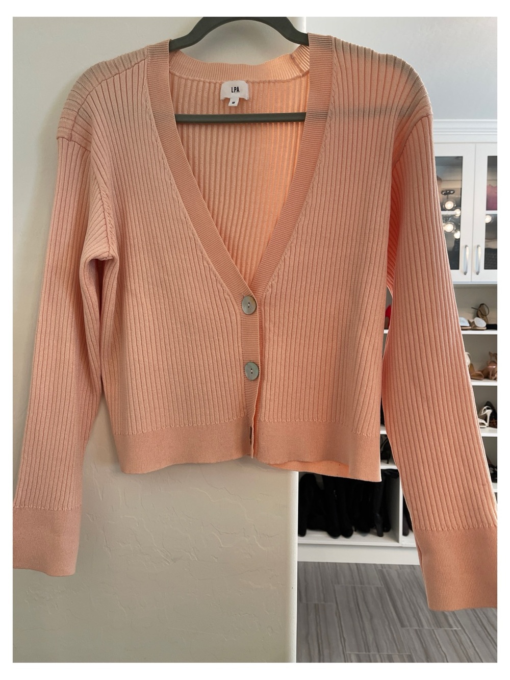 LPA Peach Ribbed Cropped Button-Front Cardigan